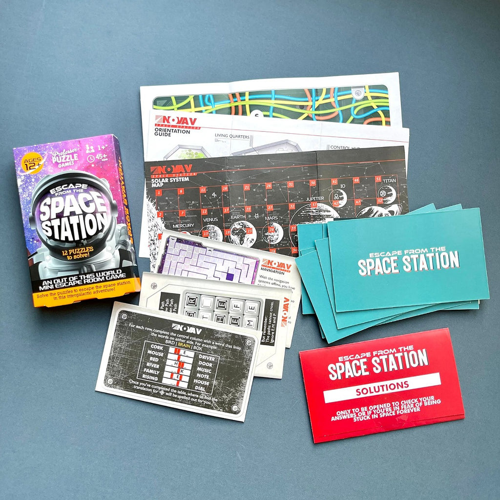 Escape Room Adventure: Space Station board game components and accessories arranged on a slate blue background, including the colorful game box, printed maps, cards, and a red solutions card.