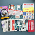 Escape from the Space Station puzzle game box with various information sheets on a blue background