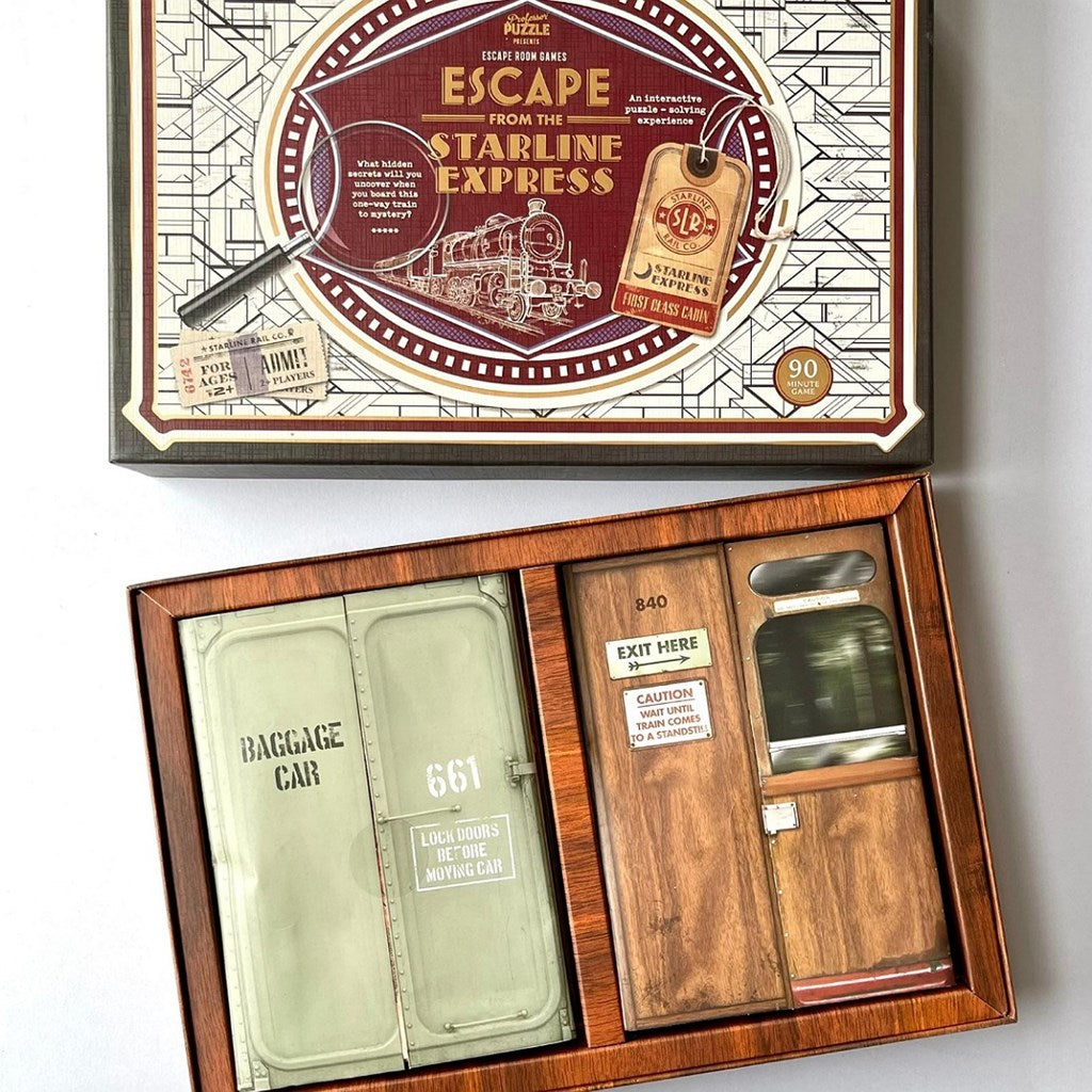 Escape from the Starline Express game set with its illustrated box and information on a light background