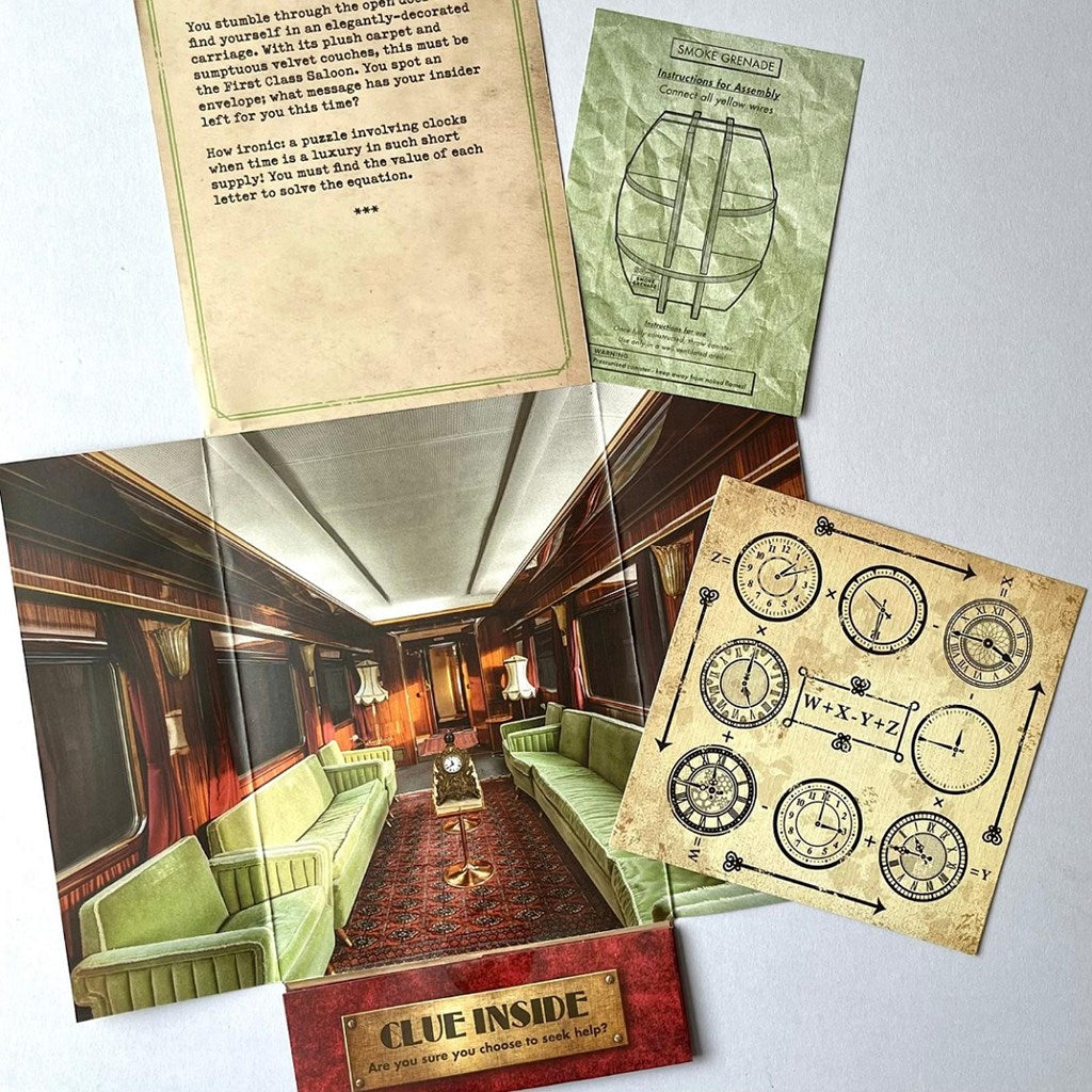 Open information sheet with clues on a light background.