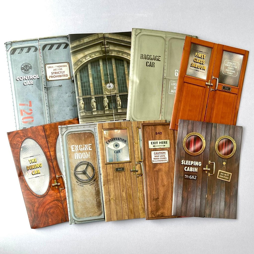 Set of vintage-style train car doors with labels on a white background