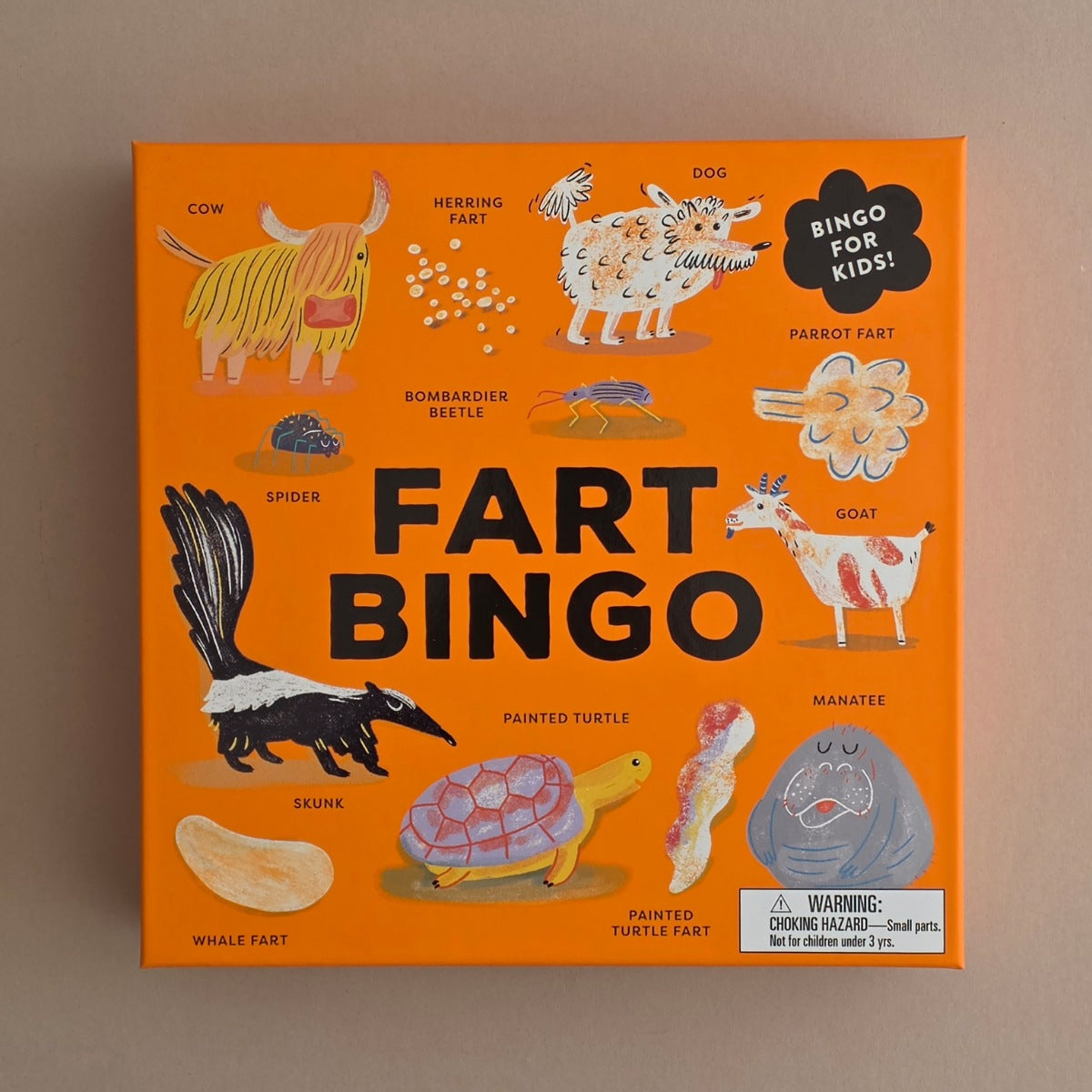 Fart Bingo game box with illustrations of animals and their associated farts on an orange background.