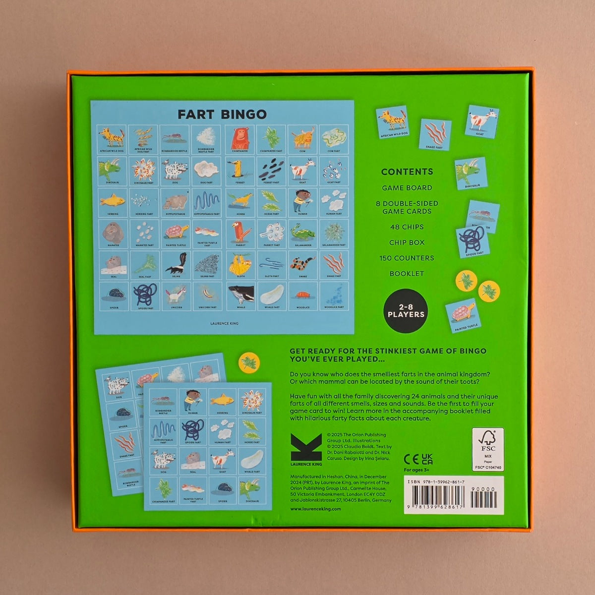 Fart Bingo game box with illustrations and text on a beige background