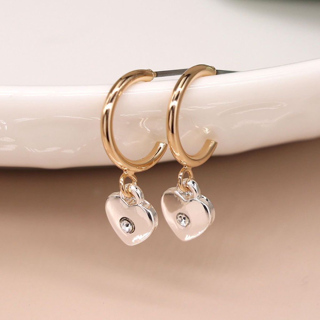Faux Gold Open Hoop Heart Earrings with Mini Crystal