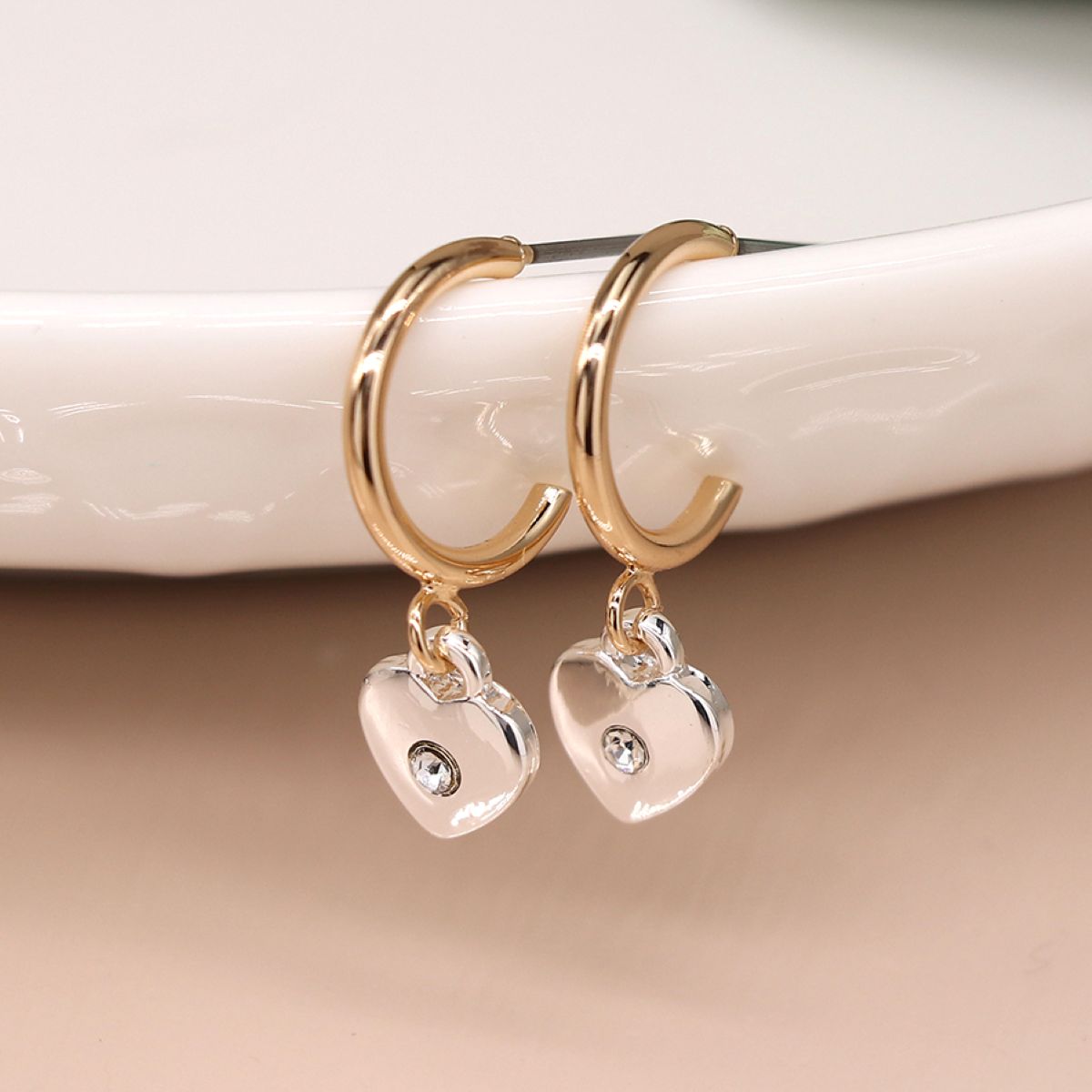 Faux Gold Open Hoop Heart Earrings with Mini Crystal