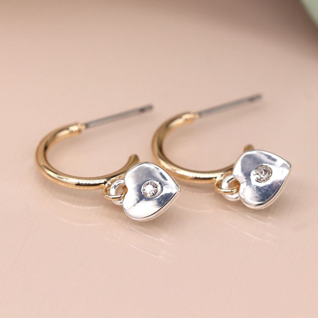 Faux Gold Open Hoop Heart Earrings with Mini Crystal