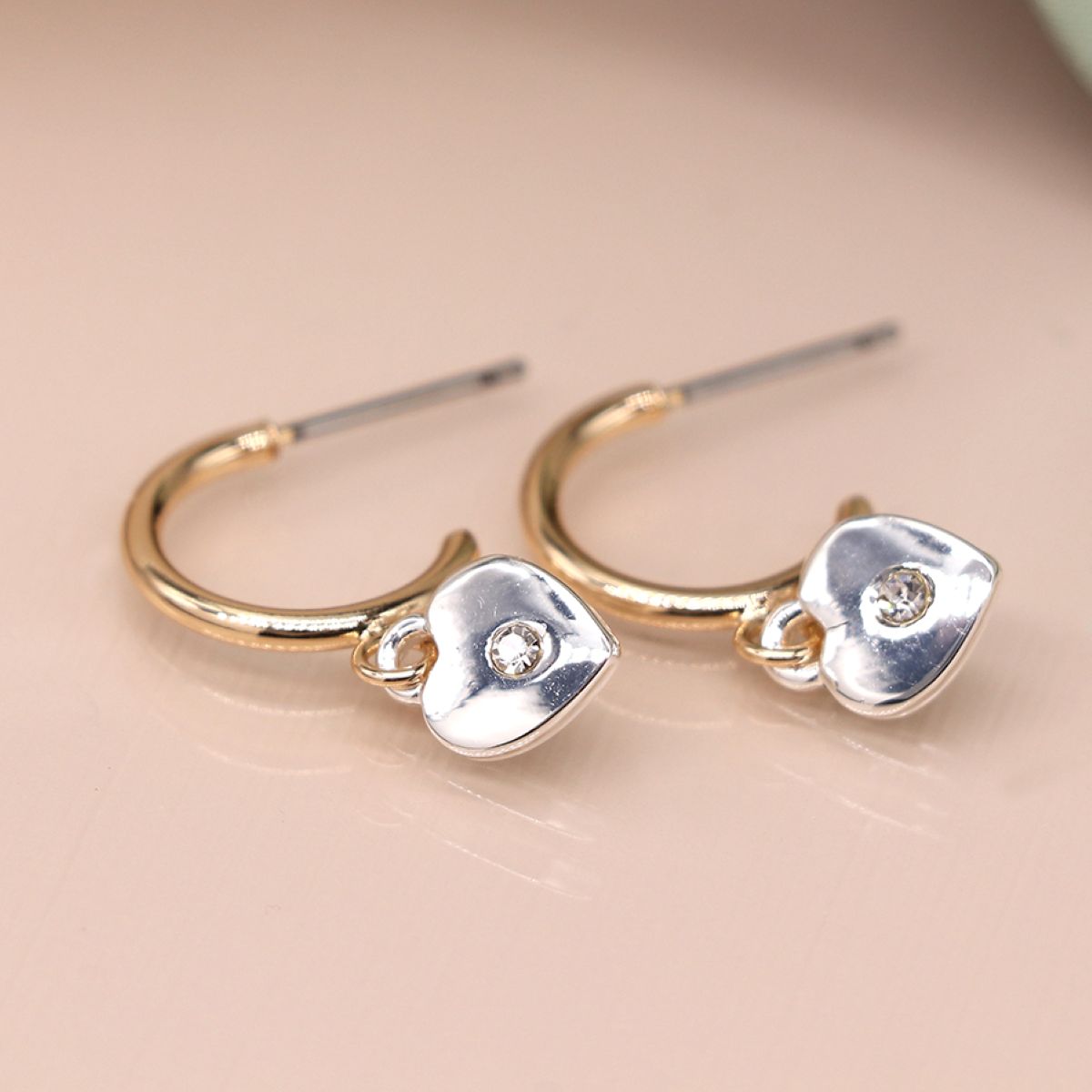 Faux Gold Open Hoop Heart Earrings with Mini Crystal