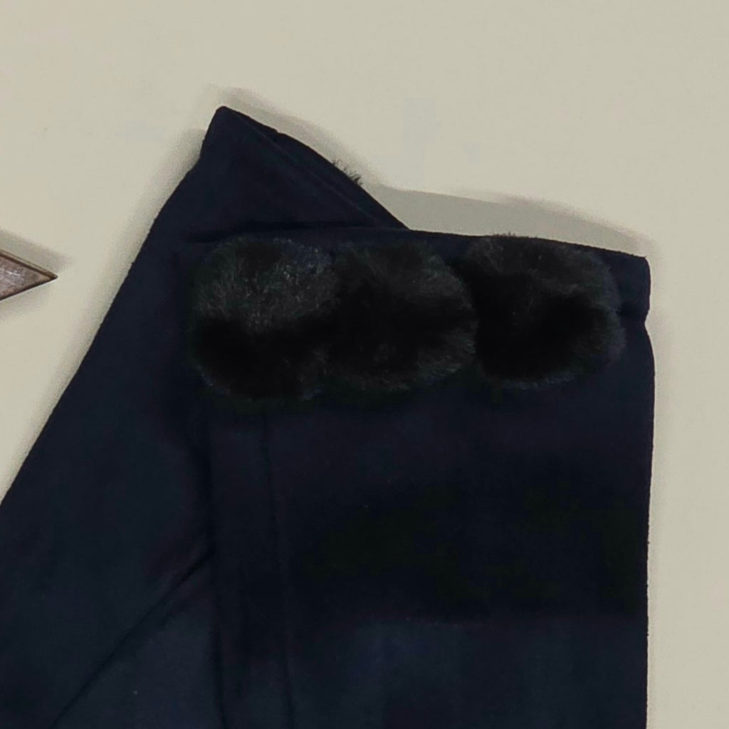 Faux Suede Gloves with Pom Poms in Navy Blue
