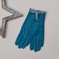 Pair of faux suede teal gloves with a thin grey fur trim and three teal buttons on a light grey surface with a decorative metal frame in the background.