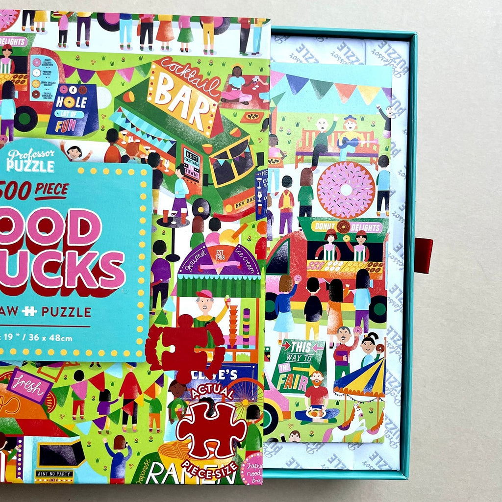 Colorful puzzle box with illustrations and text on a light grey background