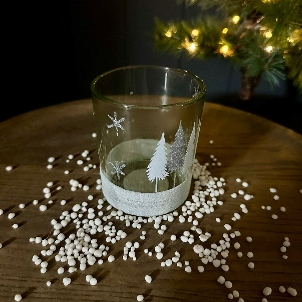 Frosted White Trees Glass Tea Light Holder