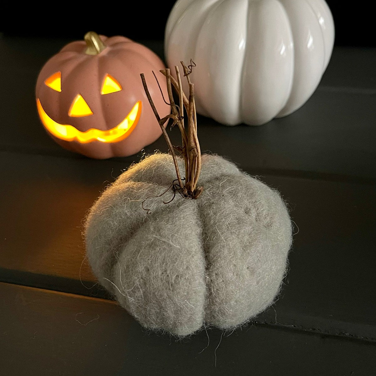 Grey Wool Pumpkin With Twiggy Stems