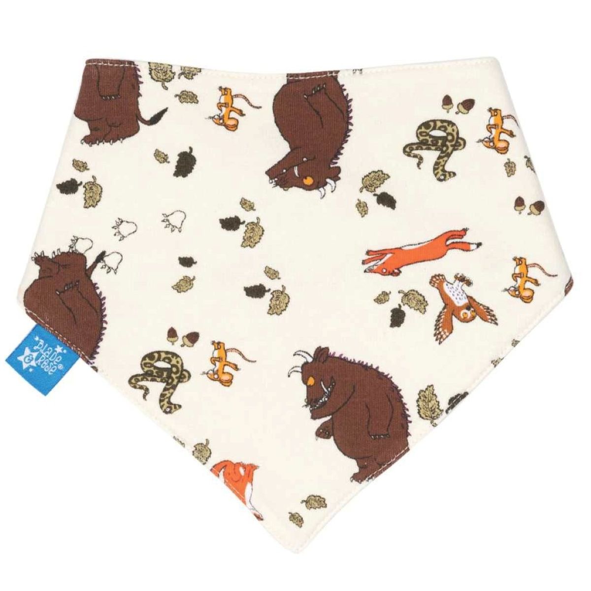 An off-white triangular bandana bib featuring a whimsical print of brown hedgehogs, orange foxes, and brown snakes, with a small blue brand tag on the left side.