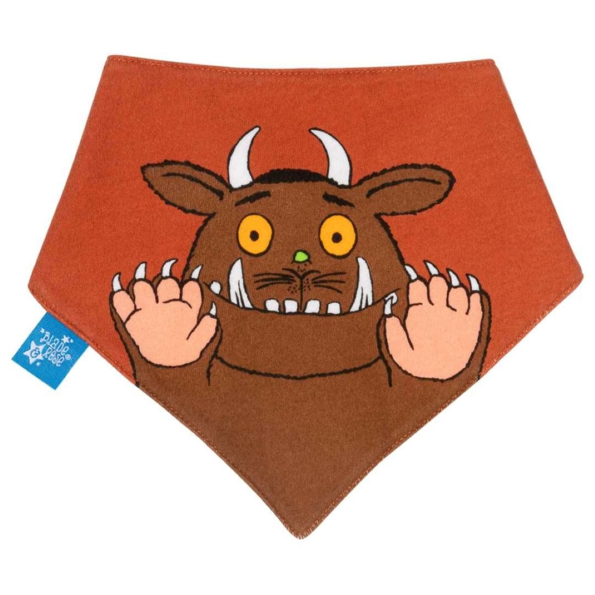 A terracotta orange baby bandana bib featuring a large embroidered brown monster character with white horns, yellow eyes, and raised paws. A small blue tag with the brand name 'The Little Gruffalo' is visible on the left side.