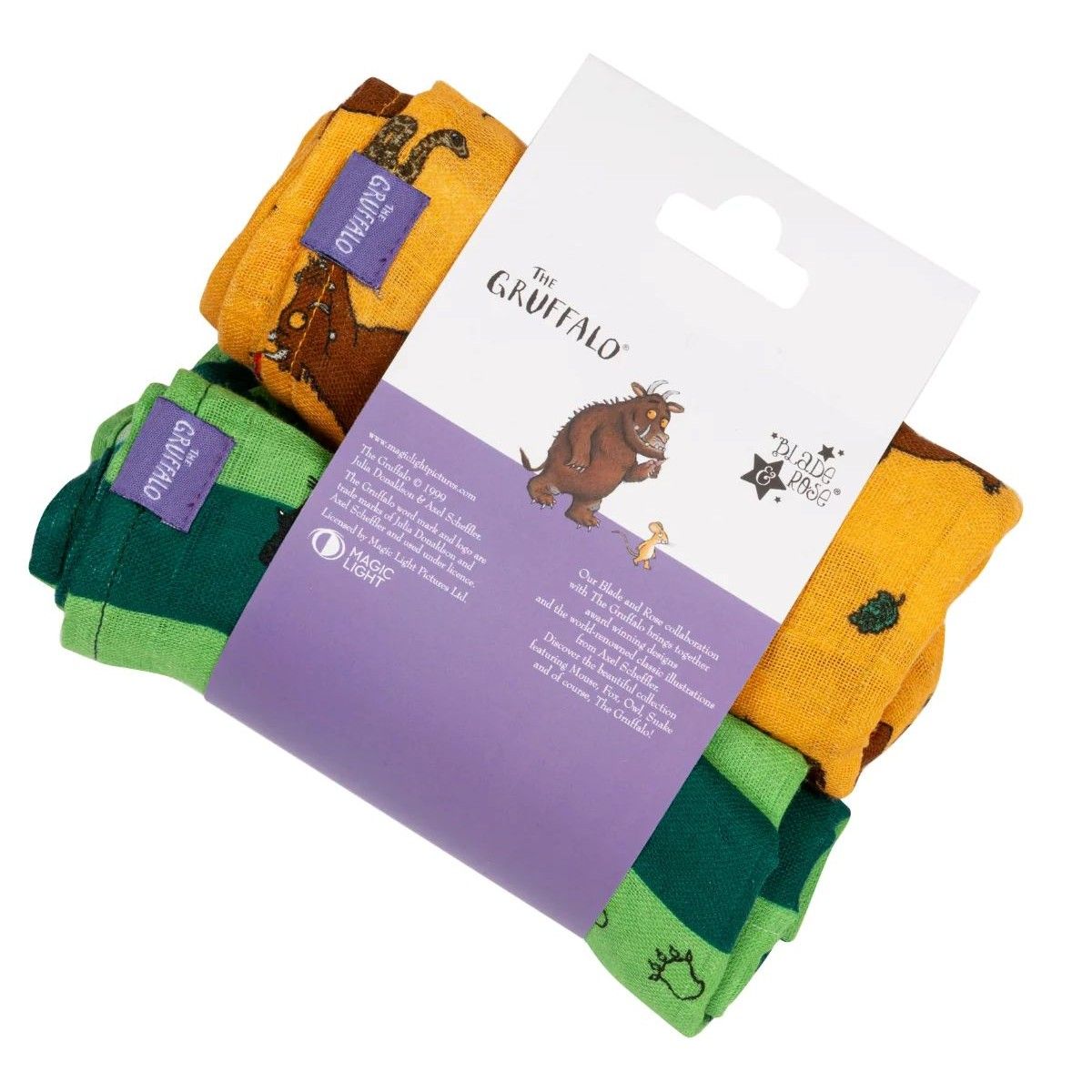 A 3-pack of Gruffalo-themed baby socks by Tickle Me Bags, packaged on a white cardboard hanger with a purple label. The socks feature a mix of green, yellow, and brown colors with Gruffalo illustrations.
