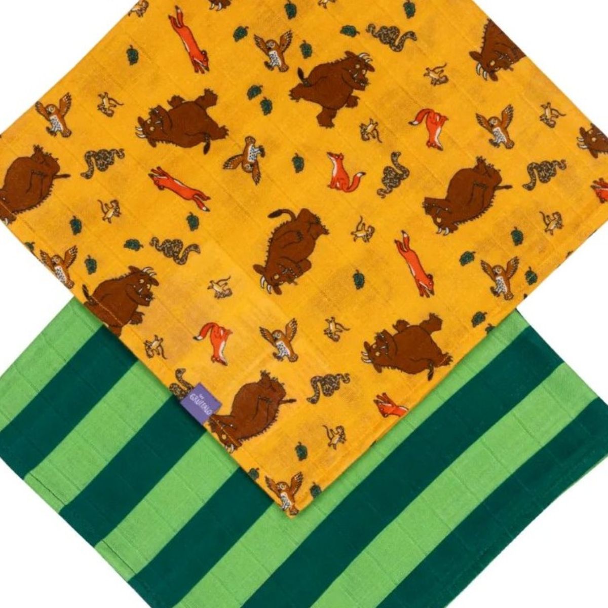 Two folded fabric items, likely baby blankets or cloths, displayed on a white background. The top cloth is mustard yellow with a pattern of cartoon animals in brown, orange, and green.