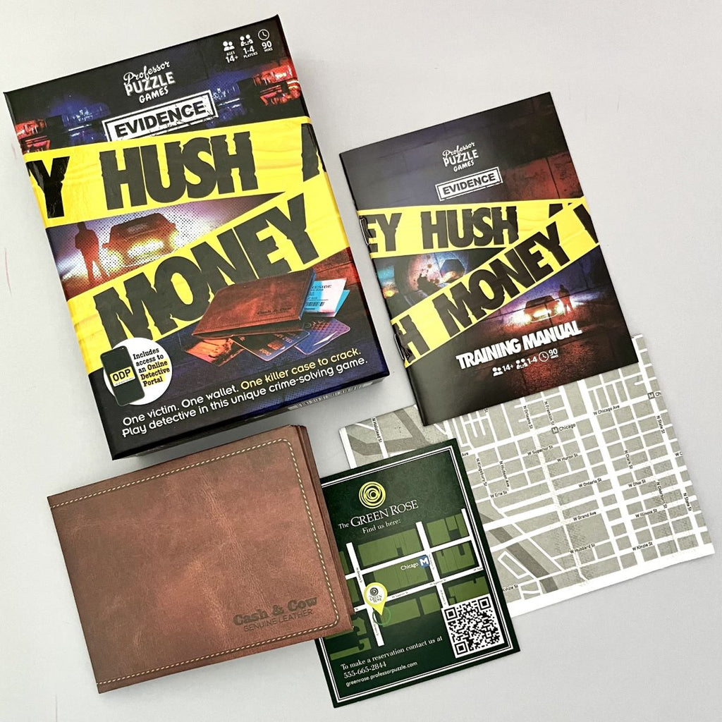 Puzzle game components including a wallet, cards, and a manual on a white background
