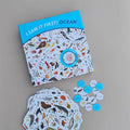 An educational children's game titled 'I SAW IT FIRST! OCEAN' shown on a neutral grey background, alongside a stack of illustrated ocean-themed tabs and small blue hexagonal cards.