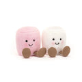 Two plush connected marshmellows, one pink and one white with brown legs, with smiling faces on a white background