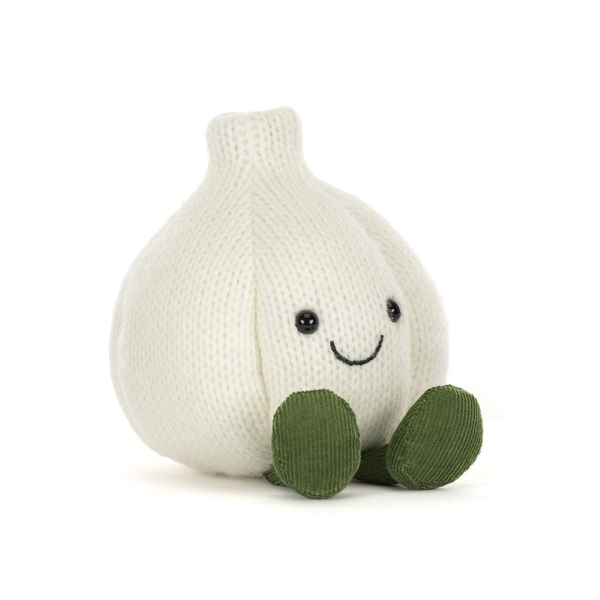 A knitted garlic plush toy in off-white with olive green feet and a simple embroidered smiley face, shown on a clean white background.