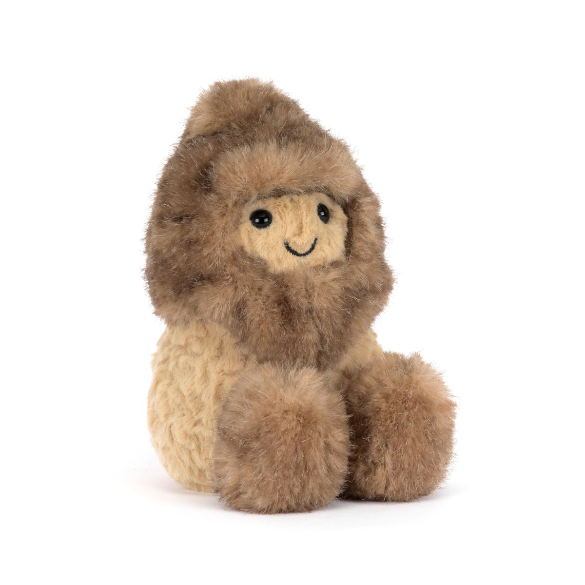 A plush stuffed animal shaped like a lion cub, featuring fluffy medium brown faux fur around the head and paws, with a lighter beige face and belly, sitting against a plain white background.