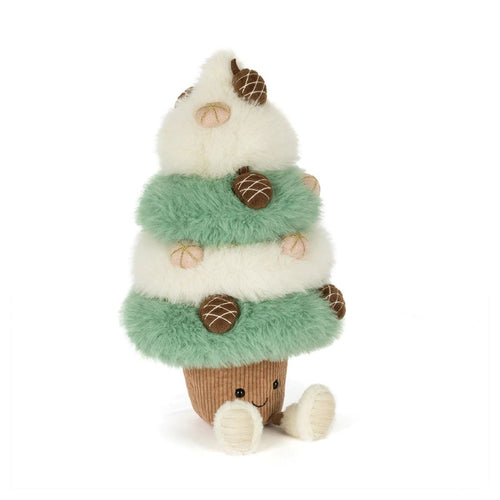 A plush green and white striped tree shaped ornament with acorn and pinecone details, a brown pot with smiley face, and small legs with white feet, shown on a plain white background.