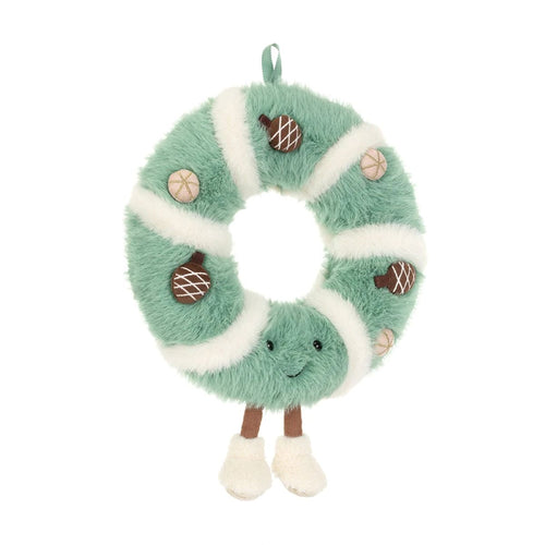 A plush green and white striped wreath-shaped ornament with acorn and pinecone details, a hanging loop, and small legs with white feet, shown on a plain white background.