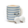 Blue and white striped mug with a smiling face with brown legs and white fluffy slippers on a white background