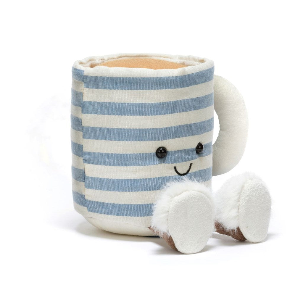 Blue and white striped mug with a smiling face with brown legs and white fluffy slippers on a white background