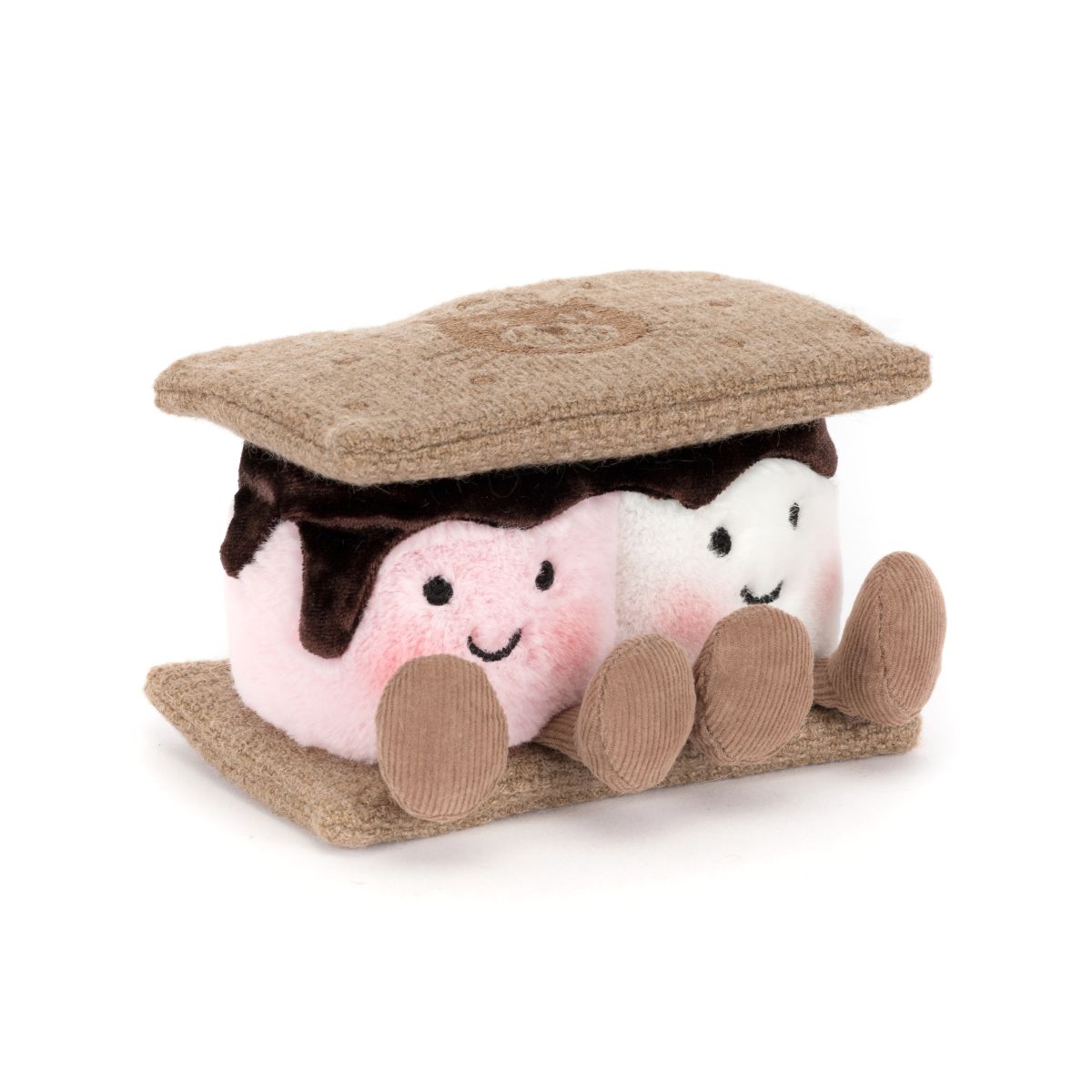 Toy s'mores with marshmallows and chocolate on a white background