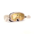 A plush pair of skiing goggles with a gold front with a smiling face.  Two side arms with fluffy mittens on a white background.