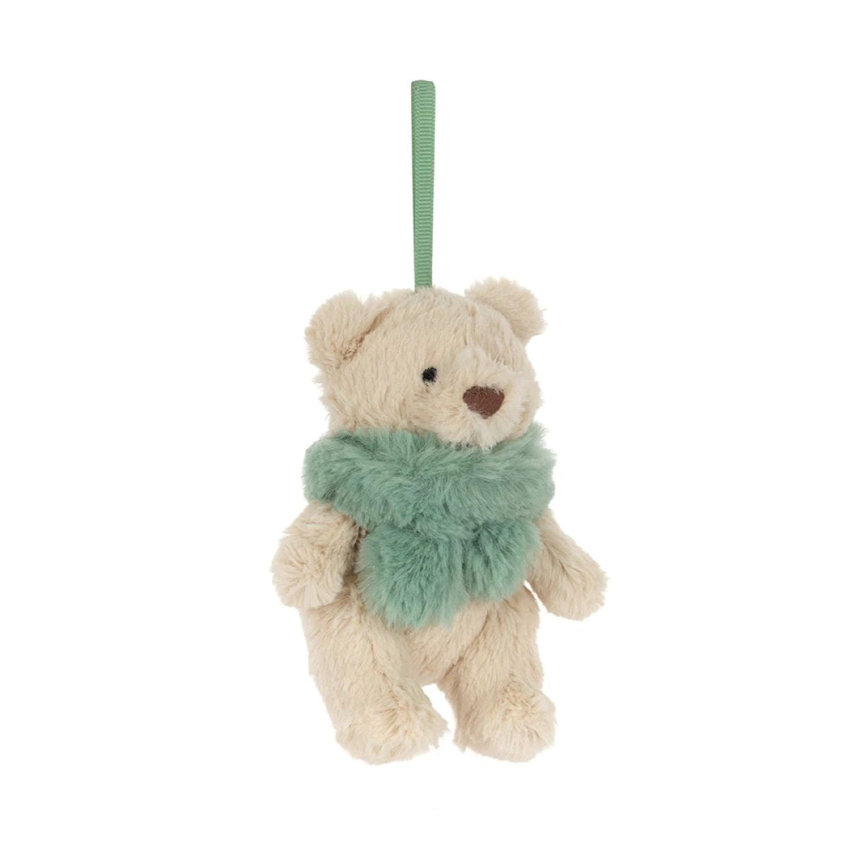 A small plush teddy bear ornament or hanging decoration in cream-colored fur, wearing a fuzzy mint green scarf and hanging from a matching green ribbon loop, shown against a plain white background.