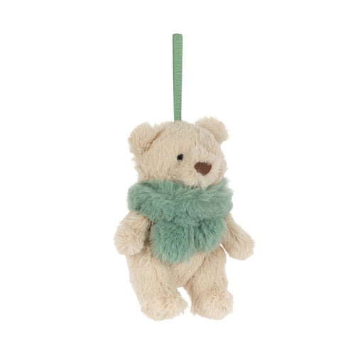 A small plush teddy bear ornament or hanging decoration in cream-colored fur, wearing a fuzzy mint green scarf and hanging from a matching green ribbon loop, shown against a plain white background.