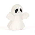 A small white plush ghost toy with black embroidered eyes and a simple stitched smile, photographed on a clean white background.