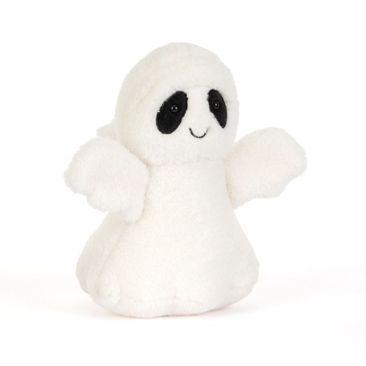 A small white plush ghost toy with black embroidered eyes and a simple stitched smile, photographed on a clean white background.