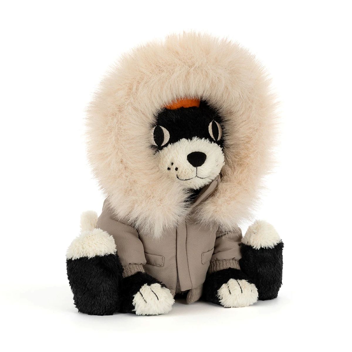 A plush cat toy wearing a beige parka jacket and a large cream-colored faux fur hood, set against a plain white background.