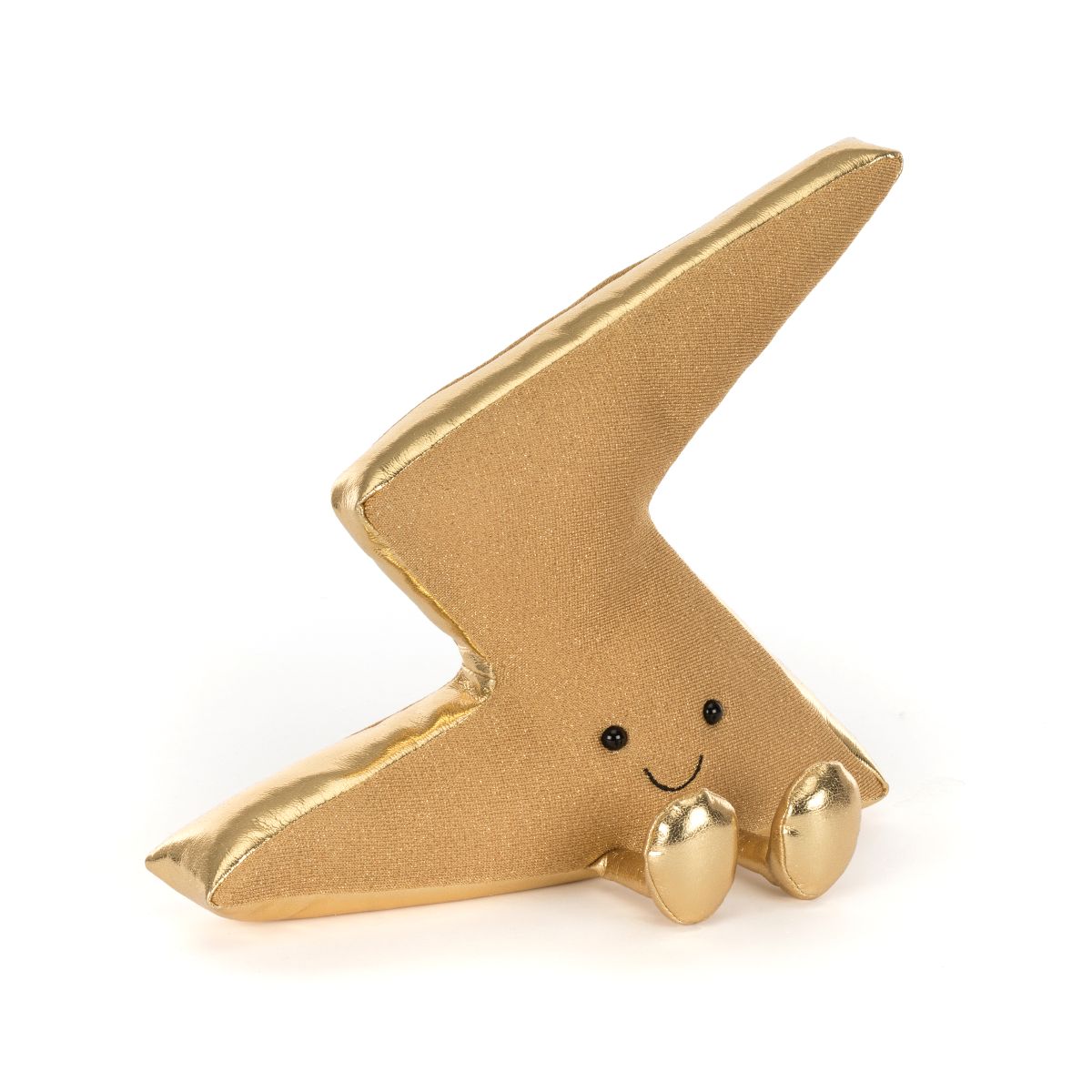 A plush gold lightning bolt-shaped figurine with a smiling face on a white background