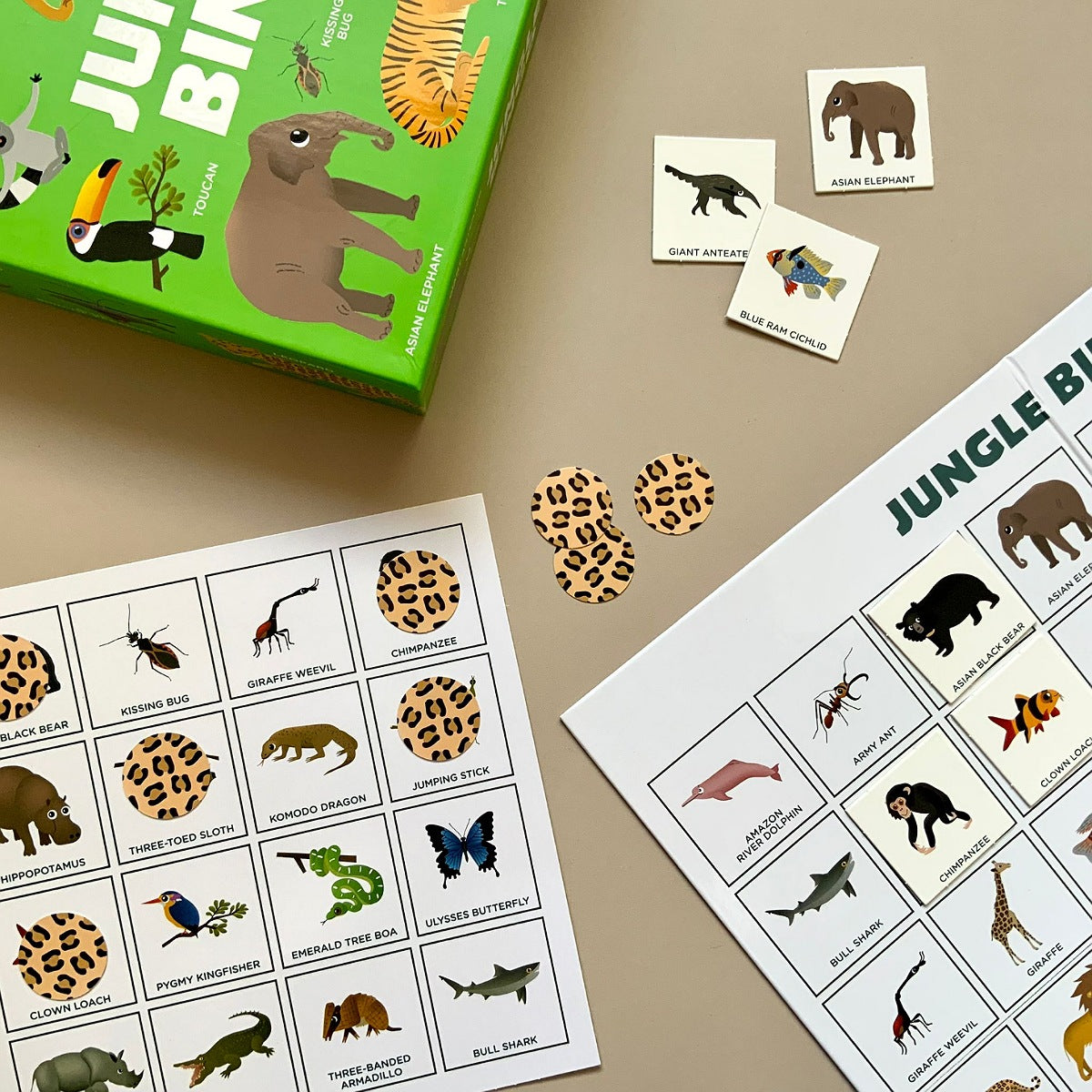 Jungle Bingo game components arranged on a beige tabletop, including a green game box, two printed animal cards, two leopard-print circular tokens, and two printed bingo boards with illustrated animals.