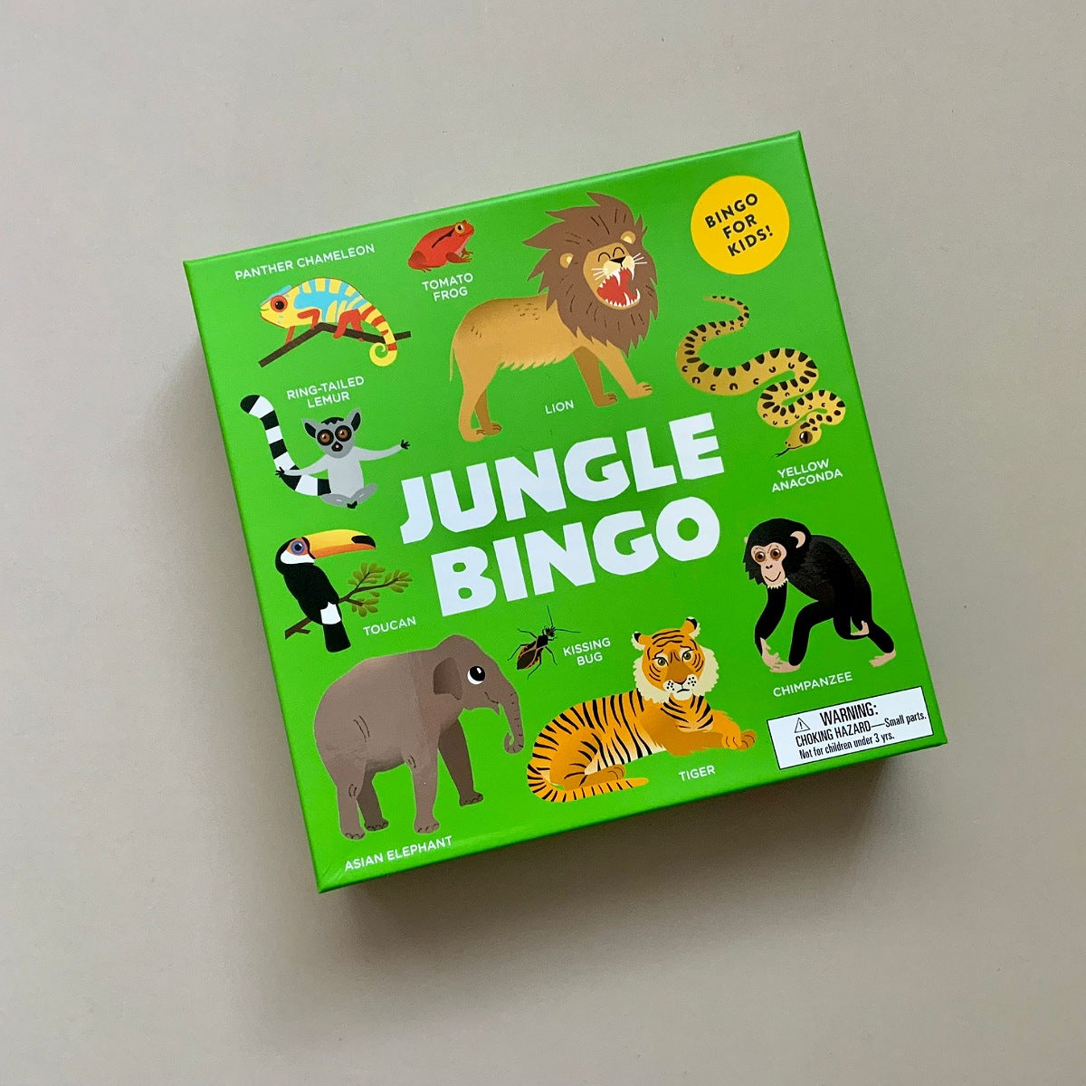 Jungle Bingo game box with animal illustrations on a light grey background