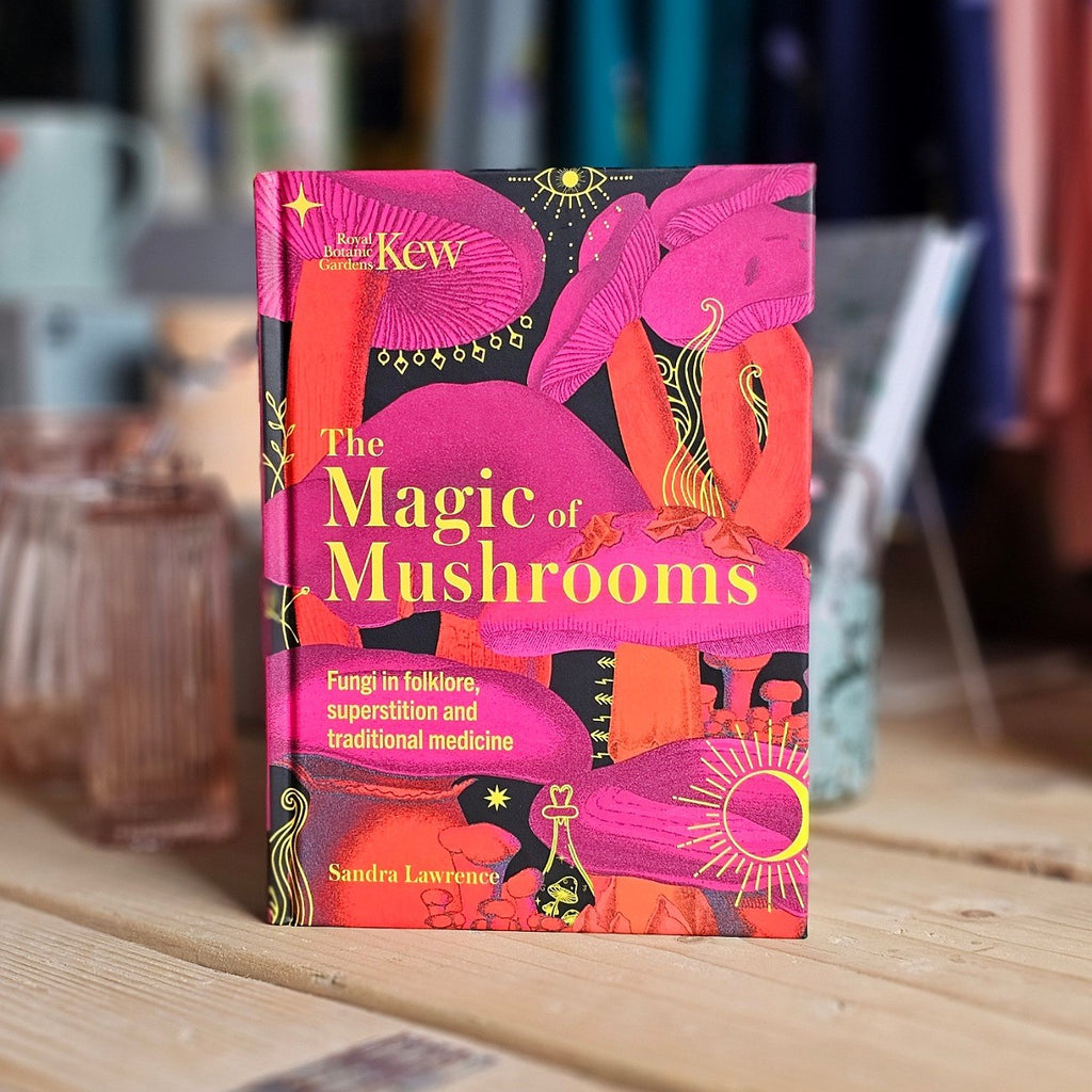 The book 'The Magic of Mushrooms' by Sandra Lawrence is standing upright on a wooden surface with a blurred background of books and household items. The cover features vibrant, stylized illustrations of pink and orange mushrooms on a black background with yellow text.