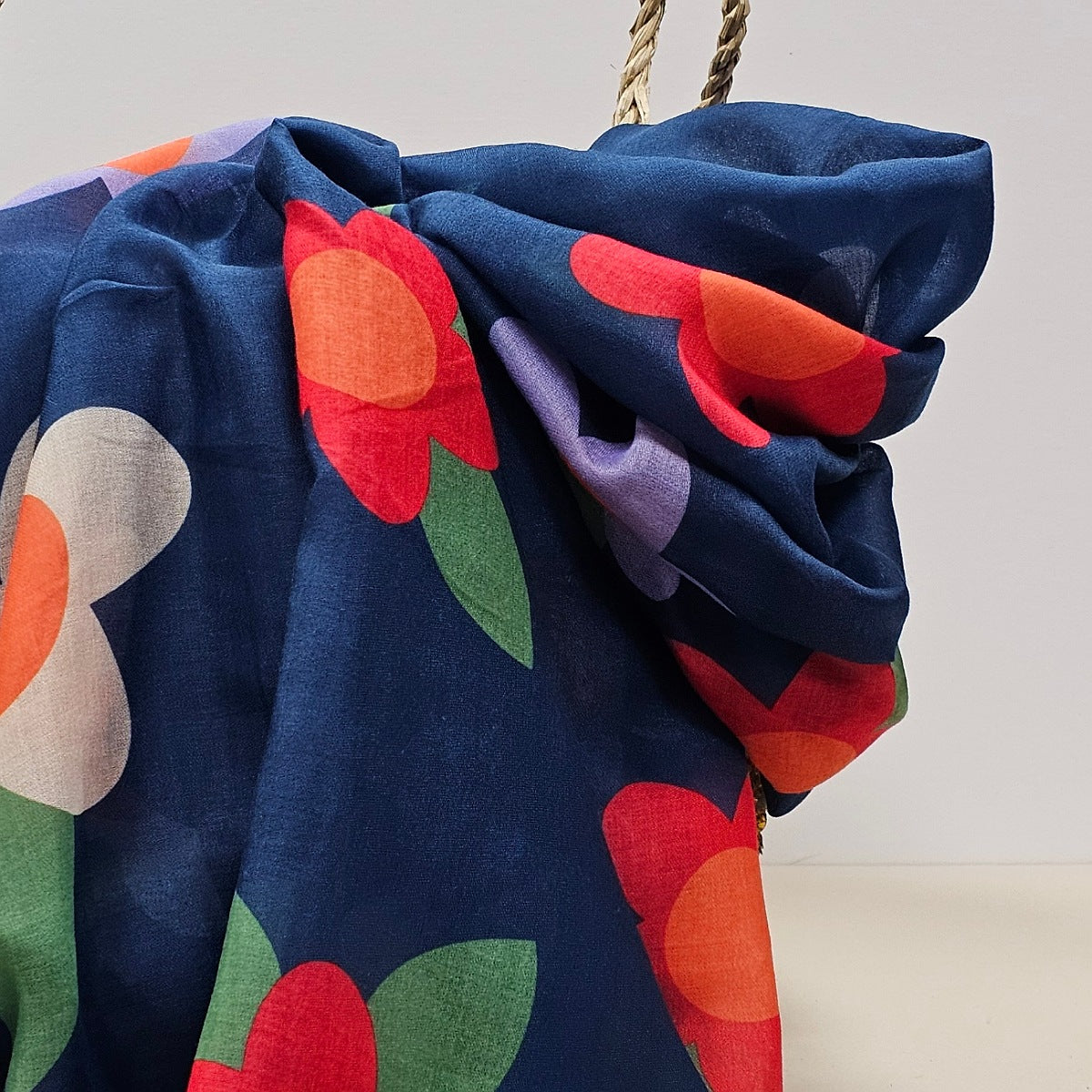 Large Flowers Scarf in Navy Blue