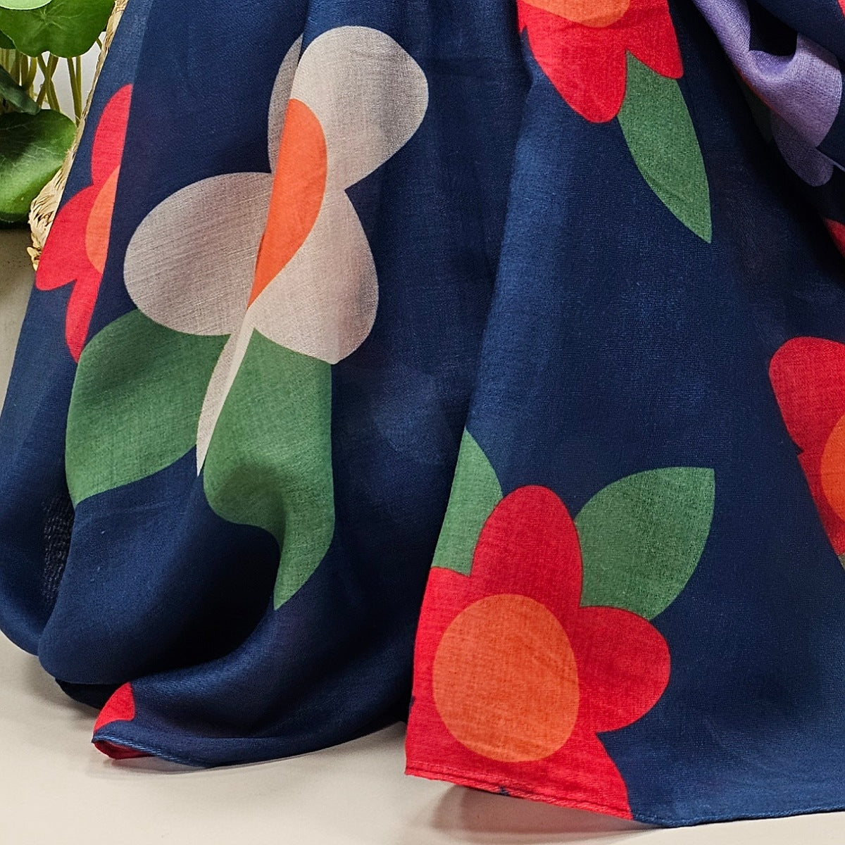 Large Flowers Scarf in Navy Blue