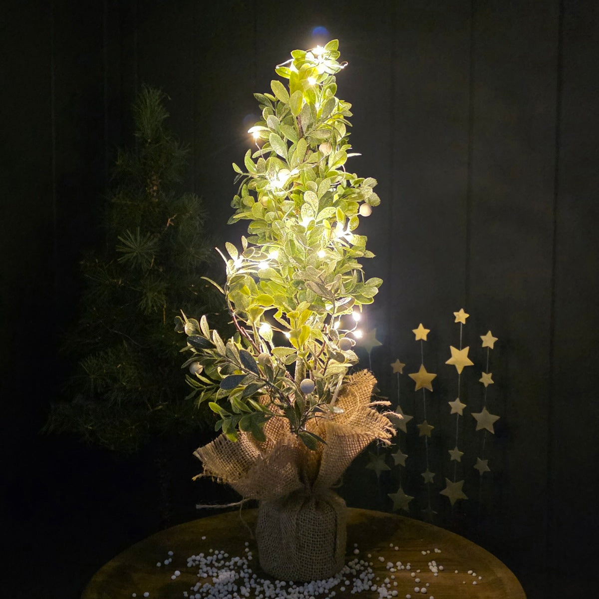 Decorative eucalyptus tree with lights and hessian fabric base on a dark background