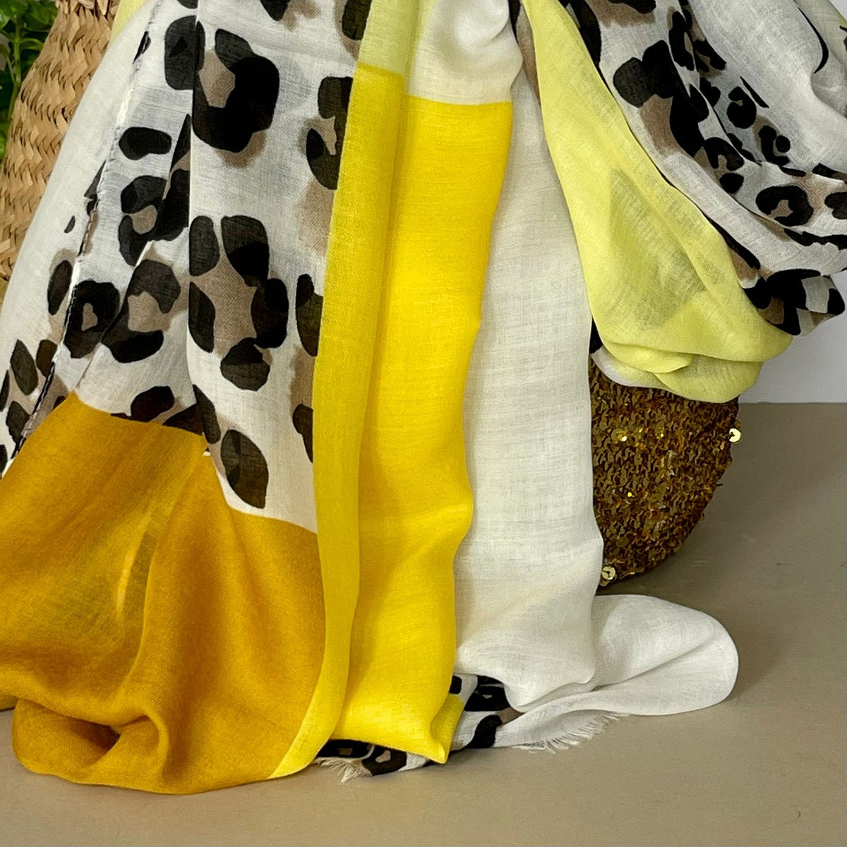 Leopard Print Scarf with Block Border in Yellow