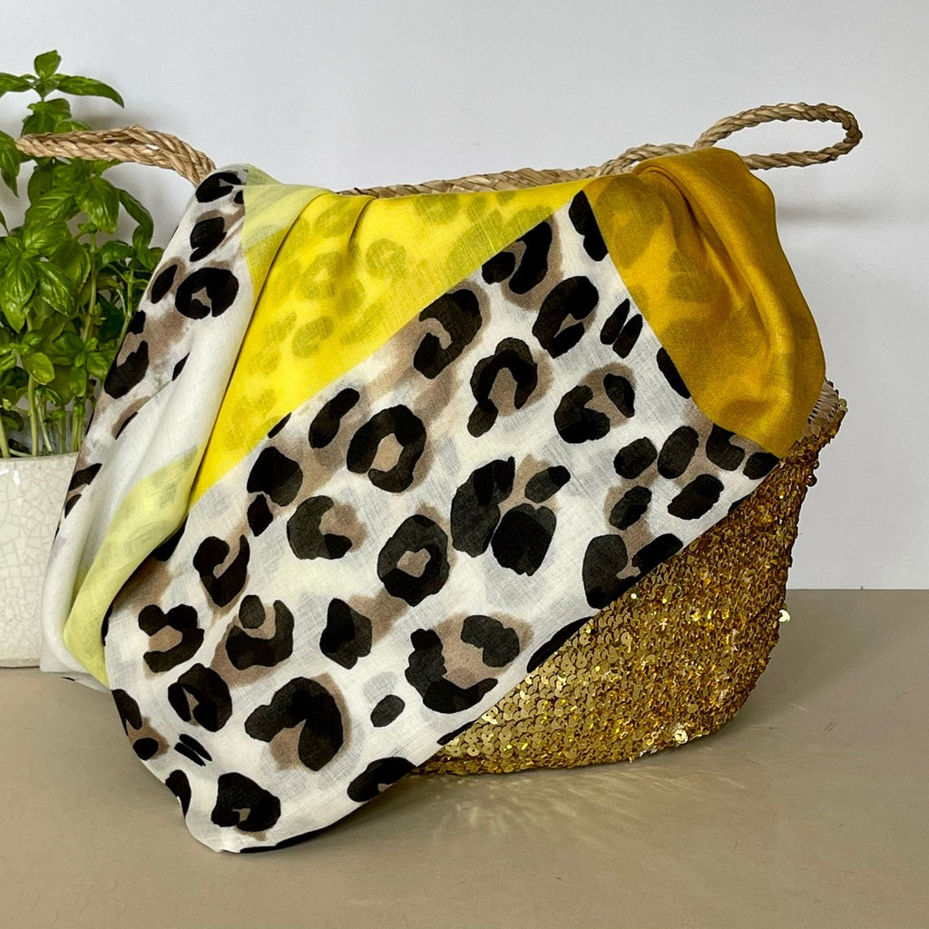 Leopard Print Scarf with Block Border in Yellow