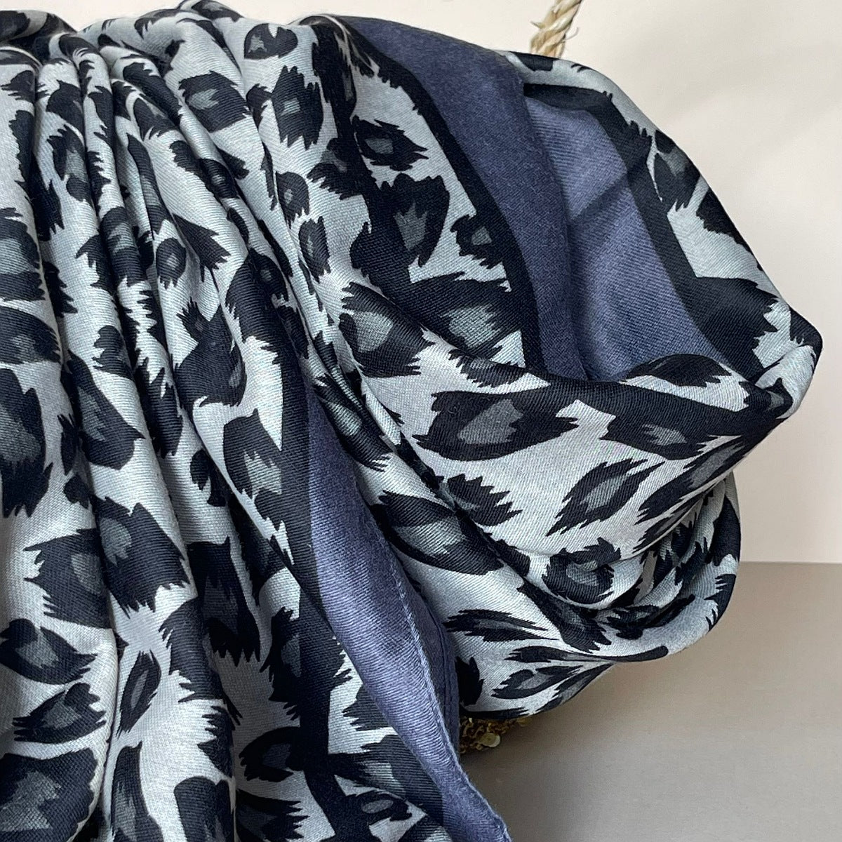 Leopard Print Scarf with Double Grey and Black Border