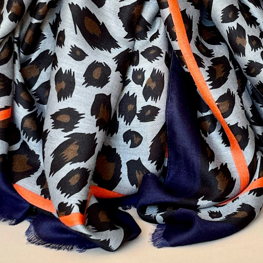 Leopard Print Scarf with Double Navy and Orange Border