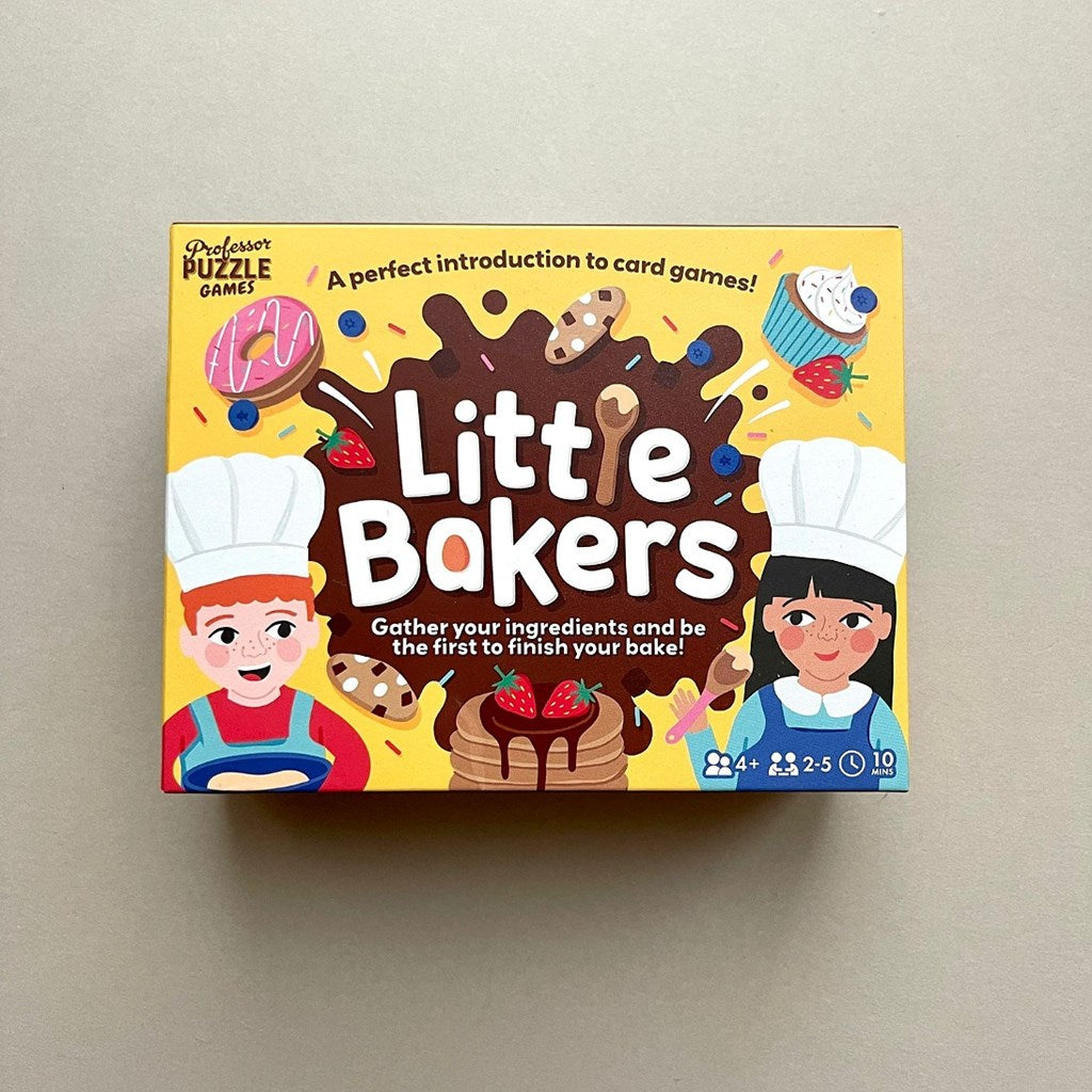 Board game box for 'Little Bakers' on a beige background