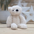 A cream soft fuzzy plush teddy bear toy, with black eyes and nose, on a wooden surface with a blurred star-shaped object in the background
