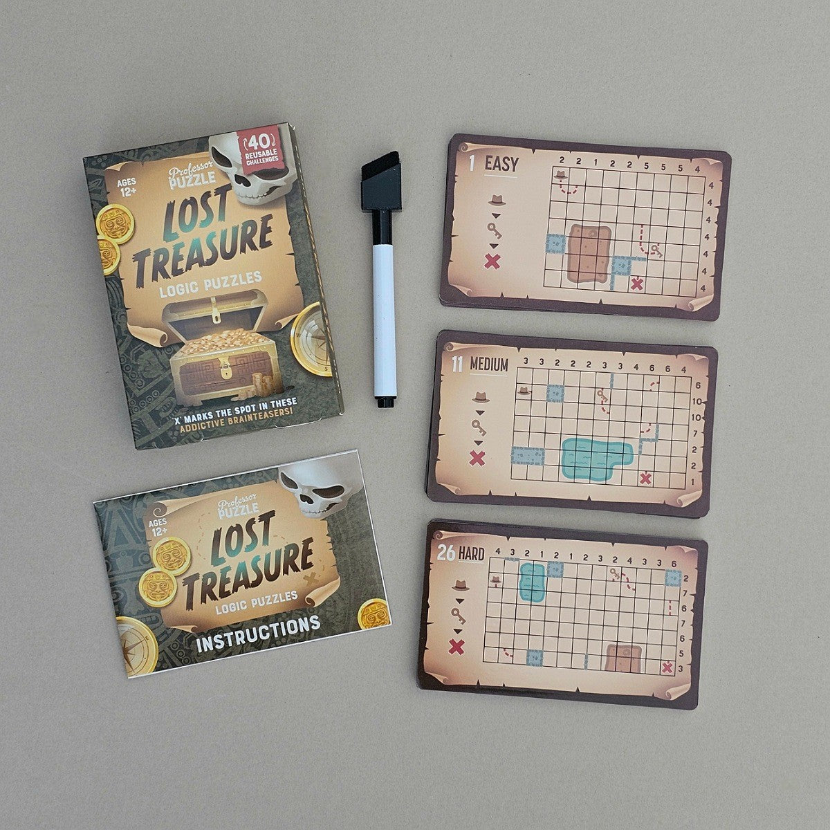 Lost Treasure logic puzzle box with instructions, cards and an errasable pen on a grey background